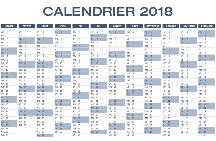 Calendrier 2018 Excel À Télécharger Gratuitement destiné Calendrier Annuel 2018 À Imprimer