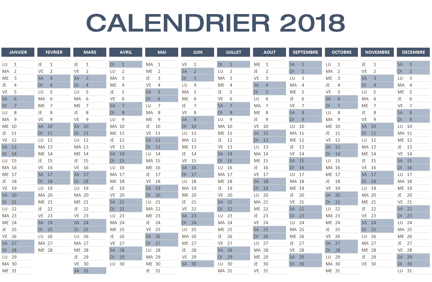 Calendrier 2018 Excel À Télécharger Gratuitement pour Planning Annuel 2018