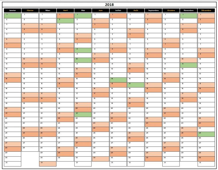 Calendrier 2018 Excel Modifiable Et Gratuit | Excel-Malin destiné Planning Annuel 2018