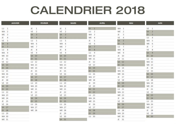 Calendrier 2018 Excel & Pdf À Télécharger Gratuitement à Calendrier 2018 Imprimable Gratuit