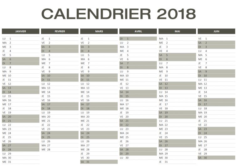 Calendrier 2018 Excel & Pdf À Télécharger Gratuitement à Calendrier 2Ème Semestre 2018