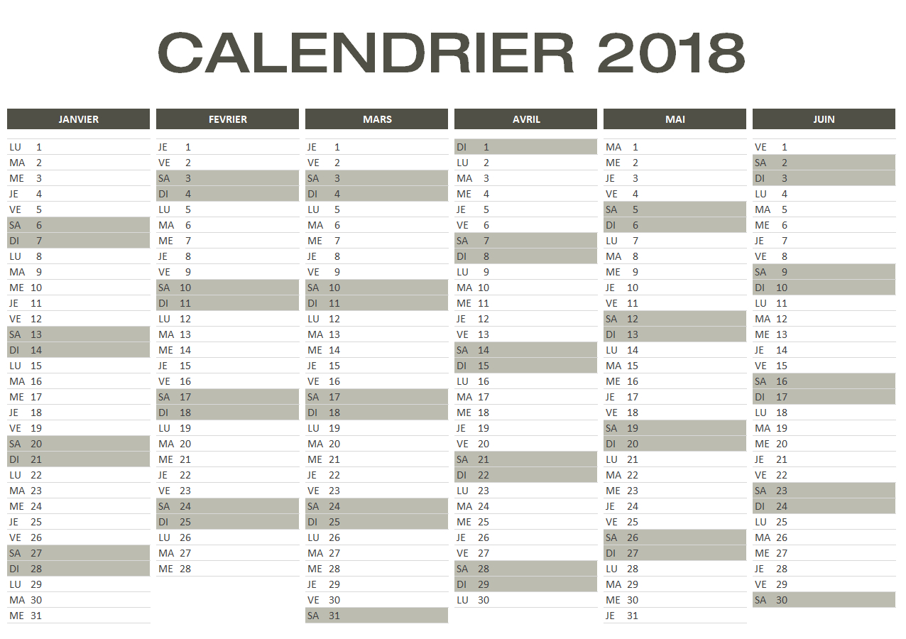 Calendrier 2018 Excel &amp; Pdf À Télécharger Gratuitement à Calendrier 2Ème Semestre 2018