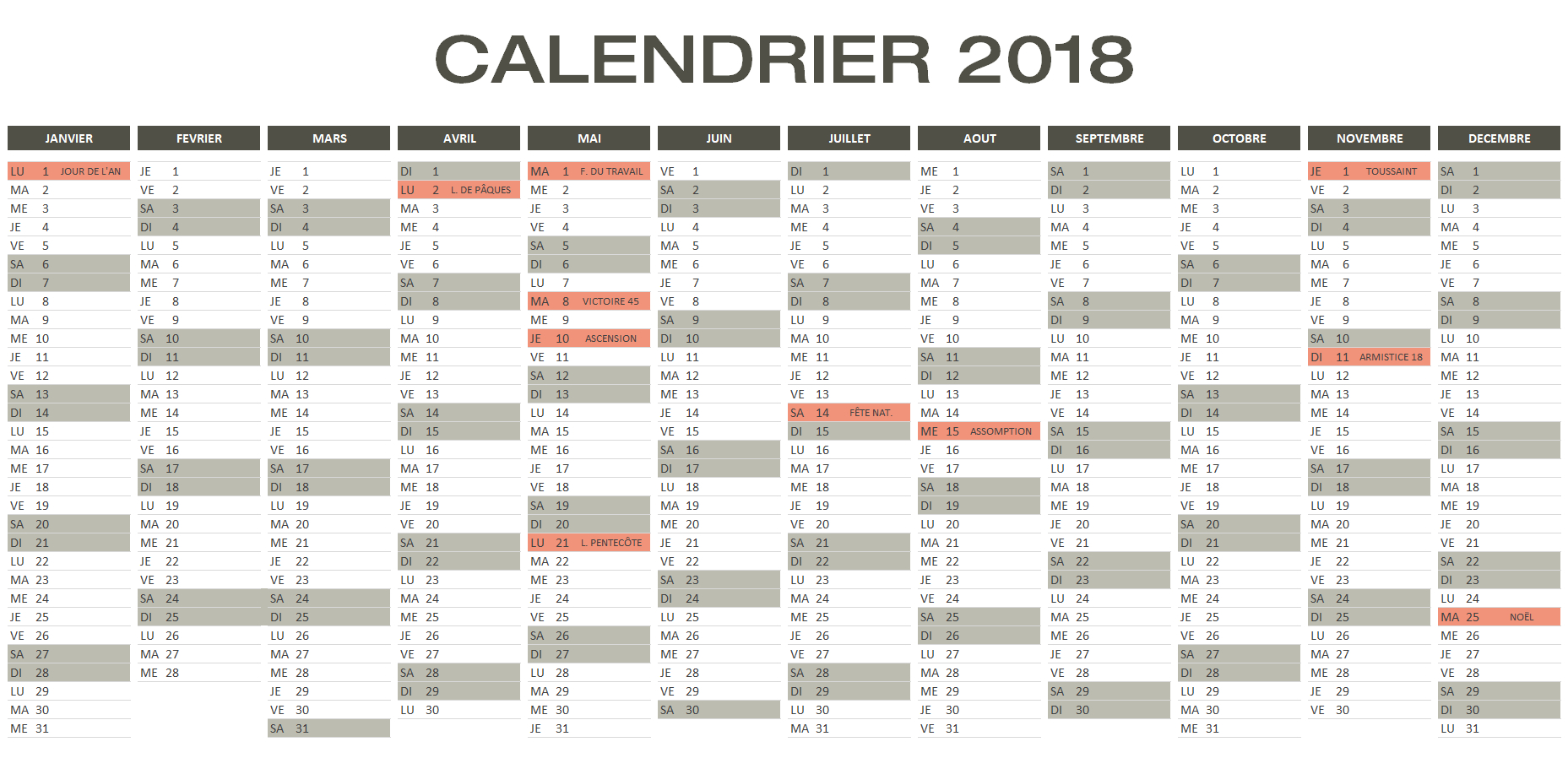 Calendrier 2018 Excel &amp; Pdf À Télécharger Gratuitement avec Planning Annuel 2018