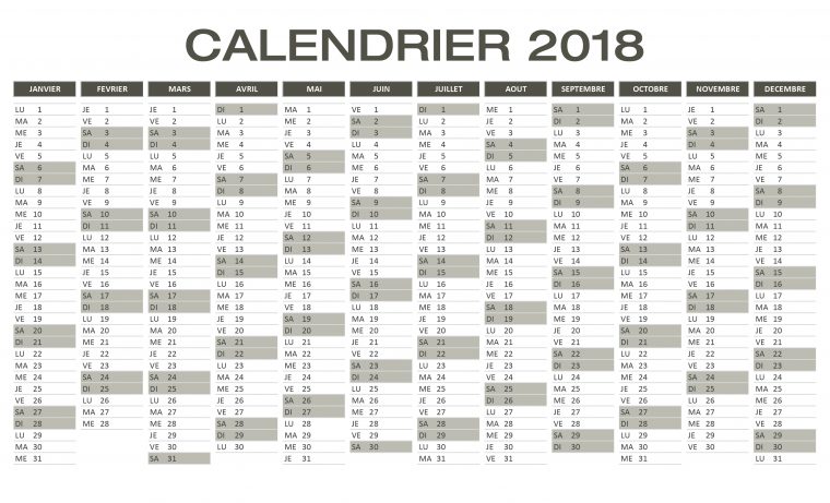 Calendrier 2018 Excel & Pdf À Télécharger Gratuitement intérieur Calendrier 2018 À Imprimer Pdf