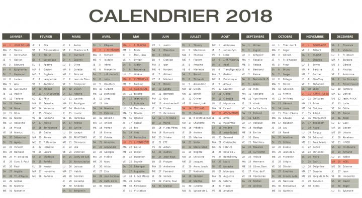 Calendrier 2018 Excel & Pdf À Télécharger Gratuitement tout Calendrier 2018 Avec Jours Fériés Vacances Scolaires À Imprimer