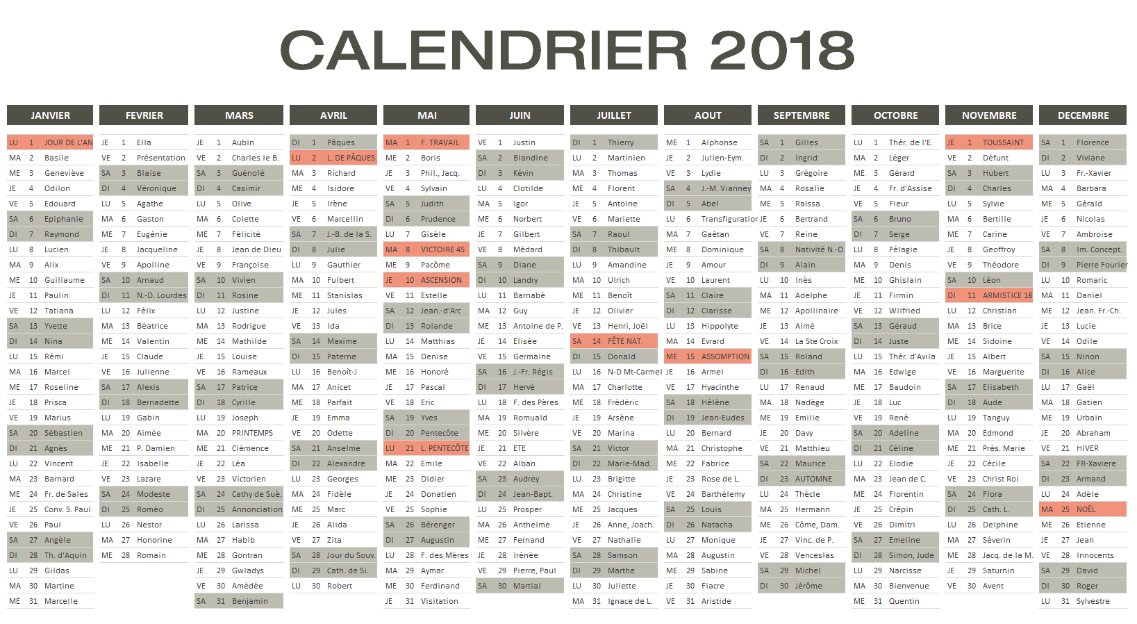 Calendrier 2018 Excel &amp; Pdf À Télécharger Gratuitement tout Calendrier 2018 Avec Jours Fériés Vacances Scolaires À Imprimer