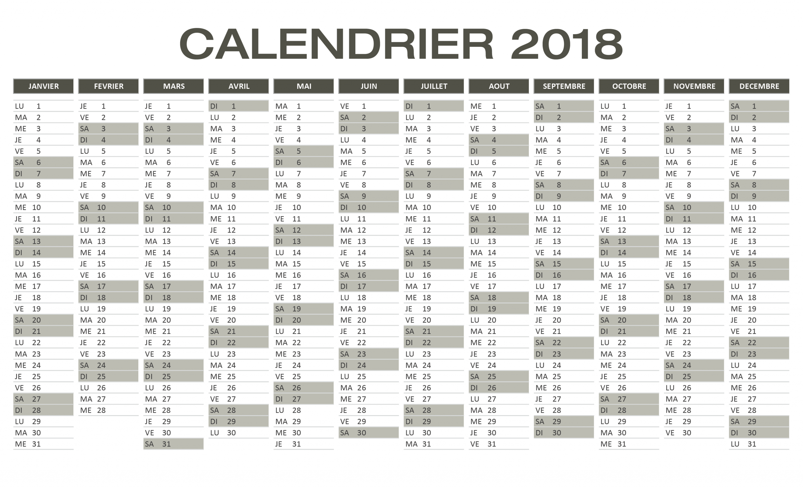 Calendrier 2018 Excel &amp; Pdf À Télécharger Gratuitement tout Planning Annuel 2018