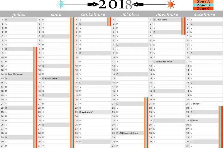 Calendrier 2018 : Vacances Scolaires Et Jours Fériés Inclus avec Calendrier 2Ème Semestre 2018