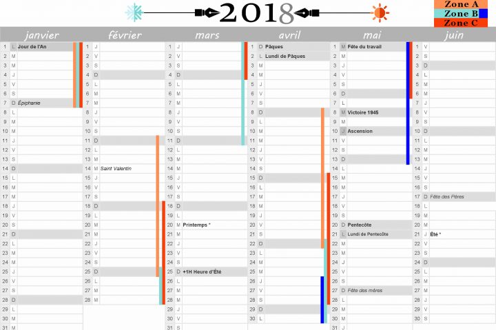 Calendrier 2018 : Vacances Scolaires Et Jours Fériés Inclus dedans Calendrier 2018 Avec Jours Fériés Vacances Scolaires À Imprimer