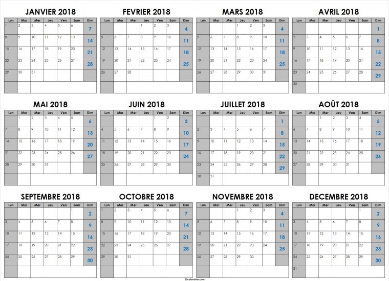 Calendrier 2018 Vierge À Imprimer Mensuel | Calendrier 2018 concernant Calendrier Annuel 2018 À Imprimer