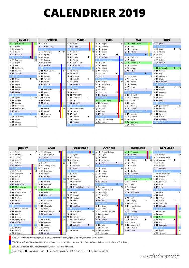 Calendrier 2019 à Calendrier 2019 Avec Jours Fériés Vacances Scolaires