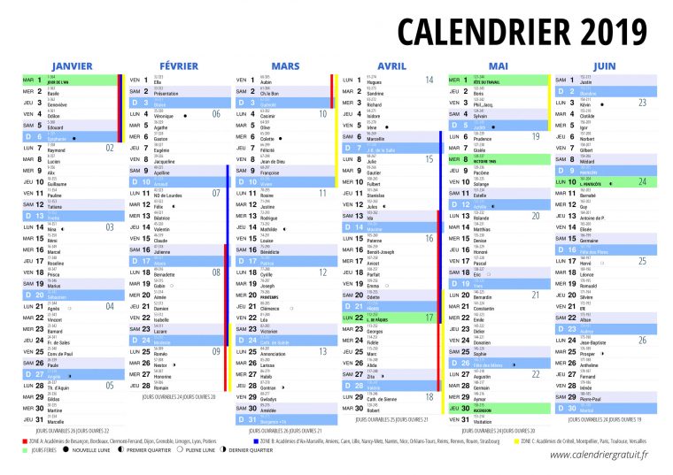 Calendrier 2019 à Calendrier 2019 Avec Jours Fériés Vacances Scolaires