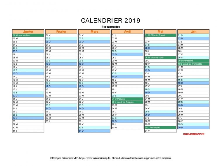 Calendrier 2019 À Imprimer Gratuit En Pdf Et Excel avec Calendrier 2019 Avec Jours Fériés Vacances Scolaires