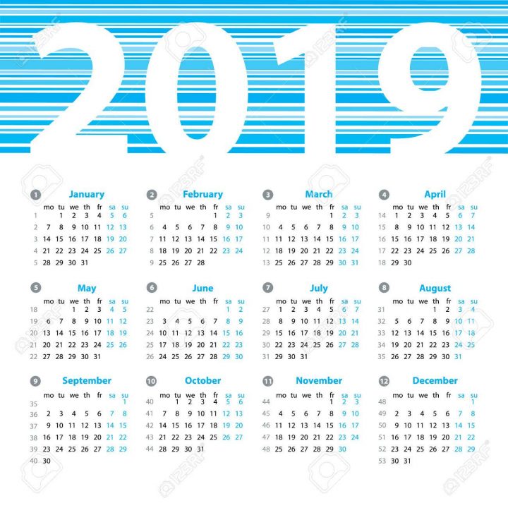 Calendrier 2019 Années Modèle De Dessin Vectoriel Avec Des Numéros De  Semaine Et Mois. Belle Conception De Vecteur. tout Calendrier 2019 Avec Semaine