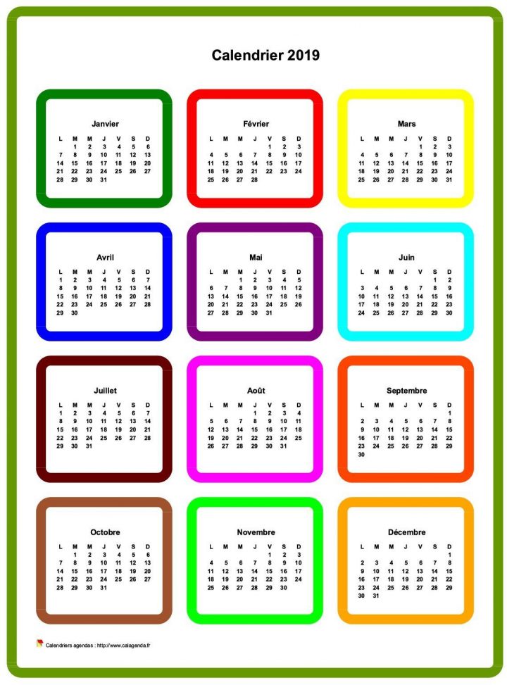 Calendrier 2019 Annuel En Couleurs | Calendrier, Calendrier dedans Calendrier Annuel 2019 À Imprimer Gratuit