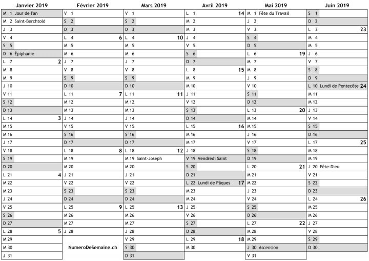 Calendrier 2019 Avec Jours Fériés En Suisse Et Numéro Des avec Calendrier 2019 Avec Semaine