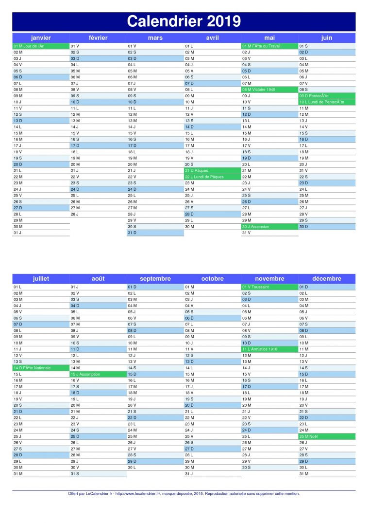 Calendrier 2019 Avec Vacances Scolaires | 2019 Calendar à Calendrier 2018 À Imprimer Avec Vacances Scolaires