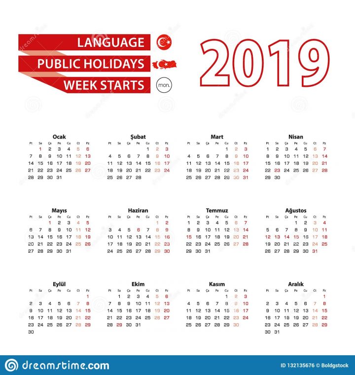 Calendrier 2019 Dans La Langue Turque Avec Des Jours Fériés concernant Calendrier 2019 Avec Semaine