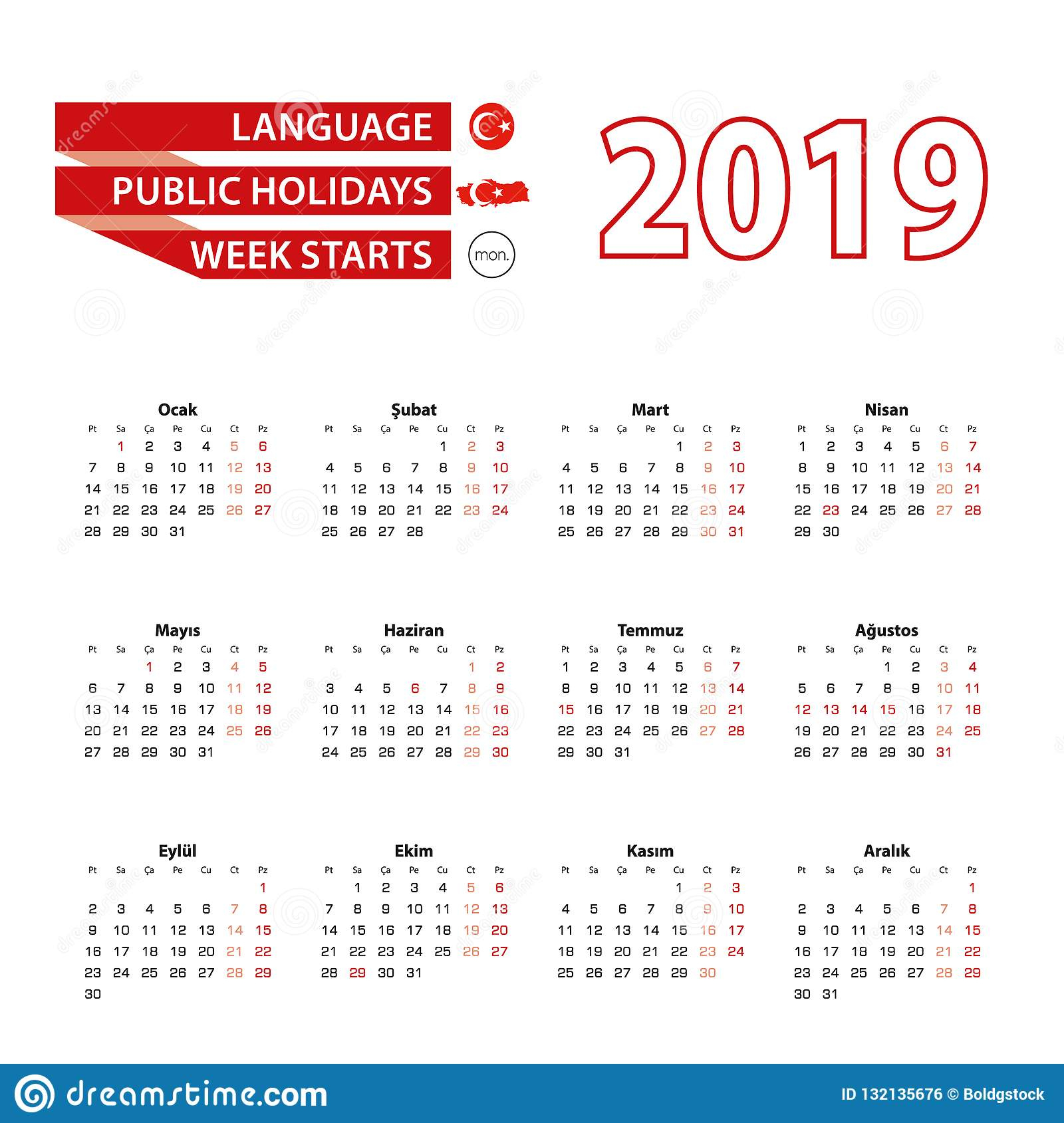 Calendrier 2019 Dans La Langue Turque Avec Des Jours Fériés concernant Calendrier 2019 Avec Semaine