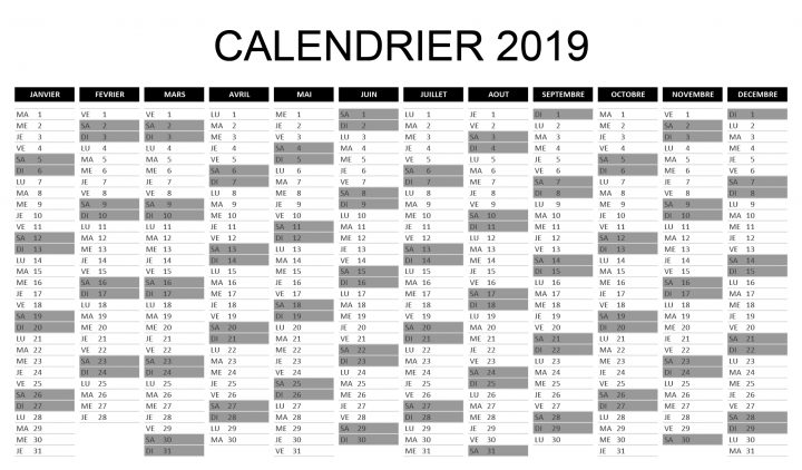 Calendrier 2019 Excel À Télécharger Gratuitement encequiconcerne Calendrier Annuel 2019 À Imprimer Gratuit