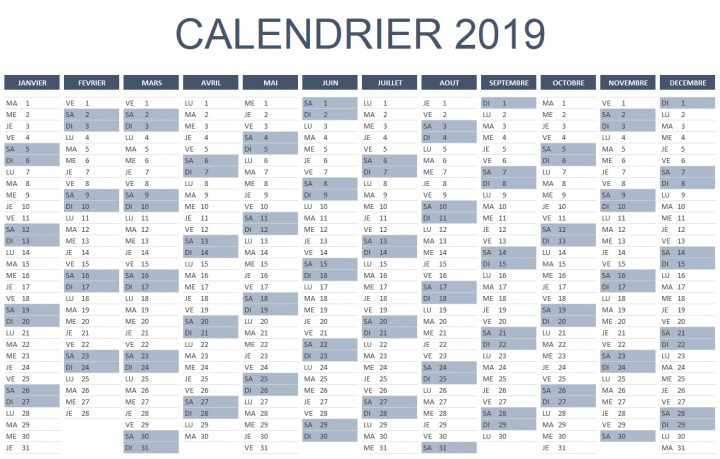 Calendrier 2019 Excel Et Pdf ⇒ À Télécharger Et Imprimer dedans Calendrier 2018 Avec Semaine