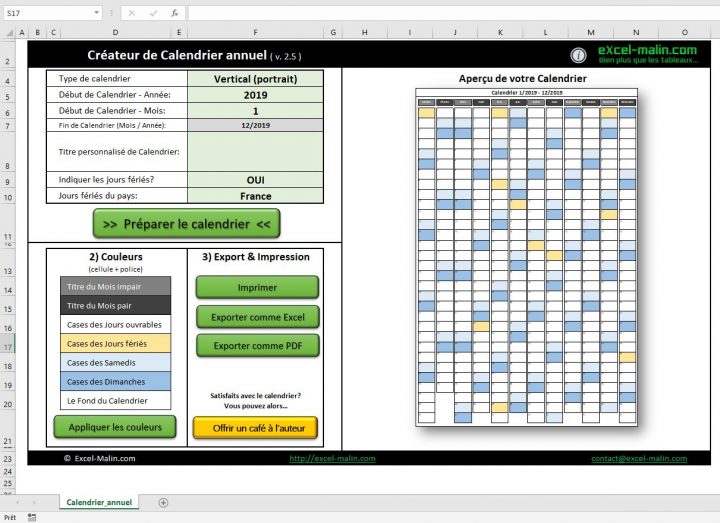 Calendrier 2019 Excel Modifiable Et Gratuit | Excel-Malin à Calendrier 2019 Avec Jours Fériés Vacances Scolaires À Imprimer