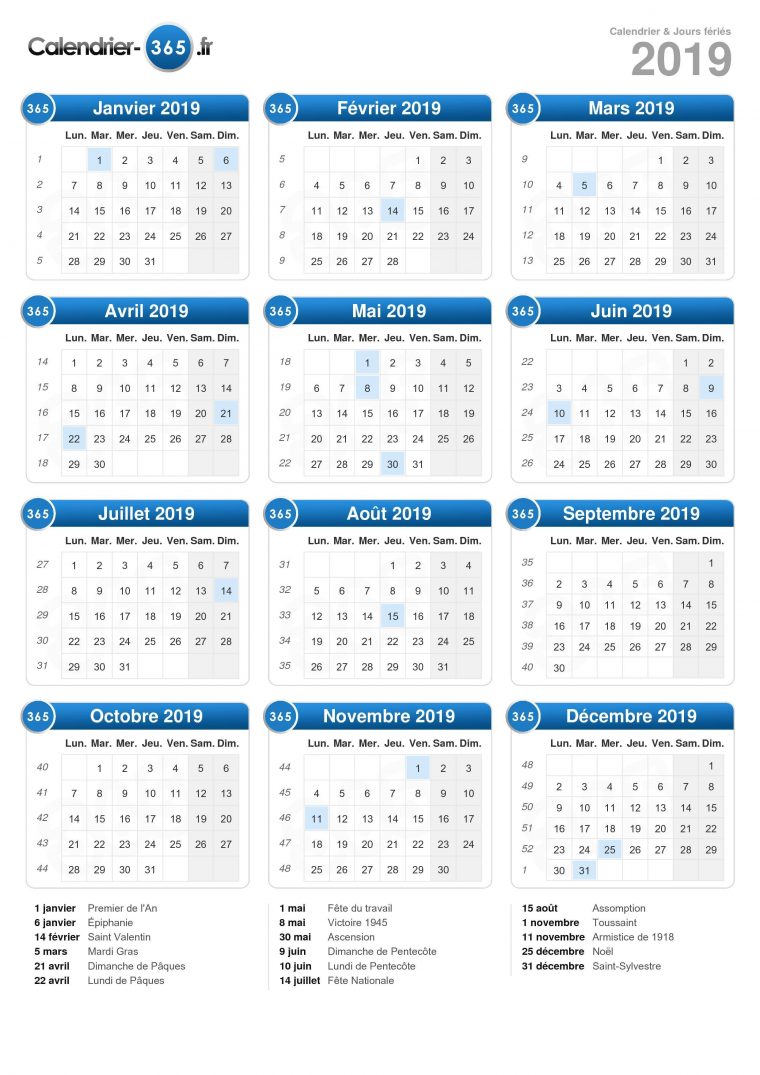 Calendrier 2019 pour Calendrier 2019 Avec Jours Fériés Vacances Scolaires