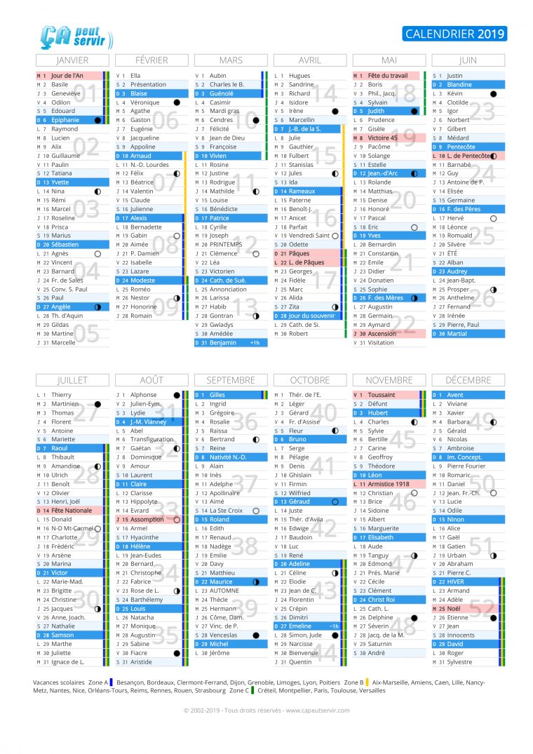 Calendrier 2019 : Vacances, Jours Fériés, Numéros De Semaine concernant Calendrier 2019 Avec Jours Fériés Vacances Scolaires