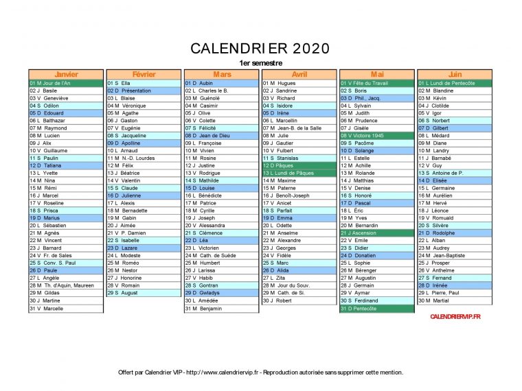 Calendrier 2020 À Imprimer Gratuit En Pdf Et Excel destiné Calendrier 2Ème Semestre 2018