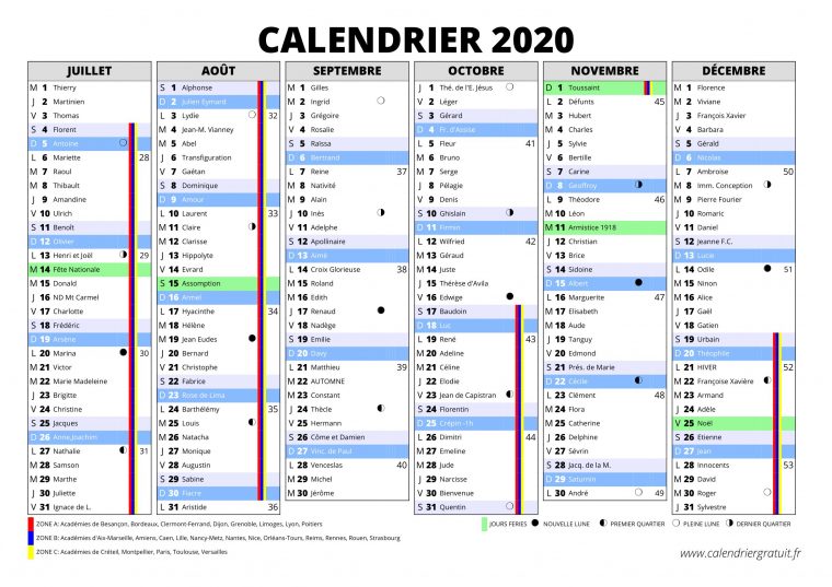 Calendrier 2020 À Imprimer : Jours Fériés – Vacances concernant Calendrier 2019 Avec Jours Fériés Vacances Scolaires