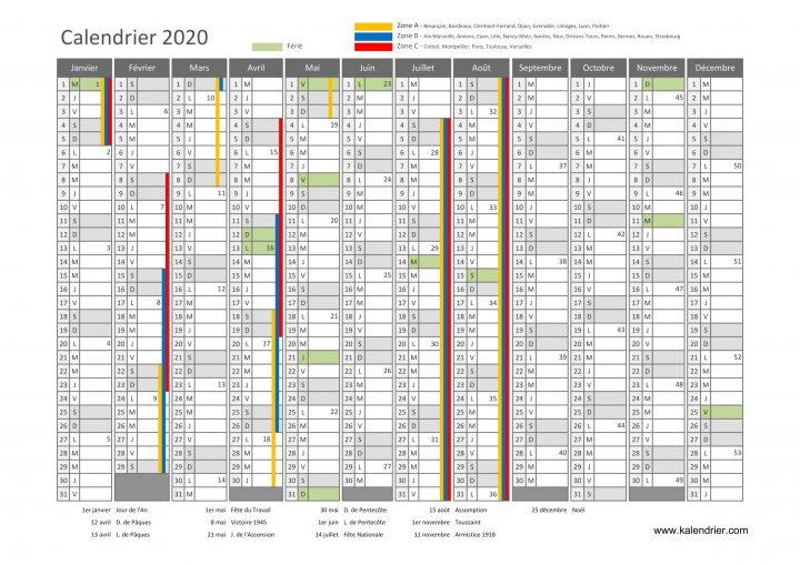 Calendrier 2020 À Imprimer : Jours Fériés – Vacances tout Calendrier 2019 Avec Jours Fériés Vacances Scolaires À Imprimer