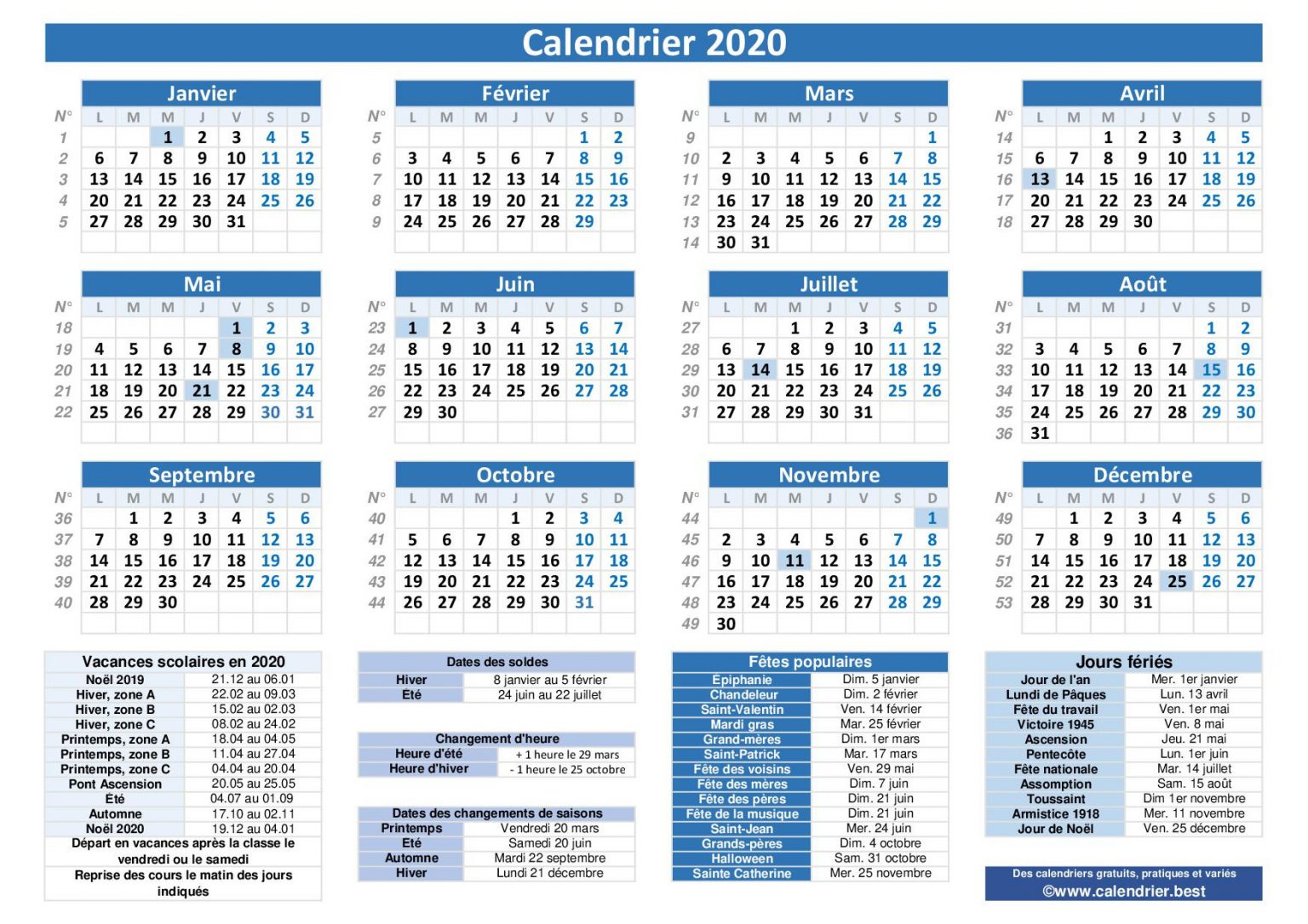 Calendrier 2020 Avec Jours Fériés Et Dates Utiles À Imprimer Concernant