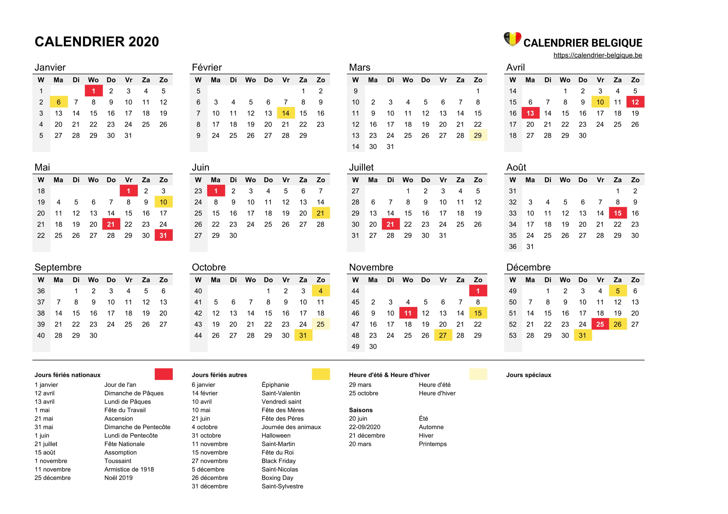 Calendrier 2020 • Calendrier Belgique dedans Calendrier Des Anniversaires À Imprimer Gratuit 