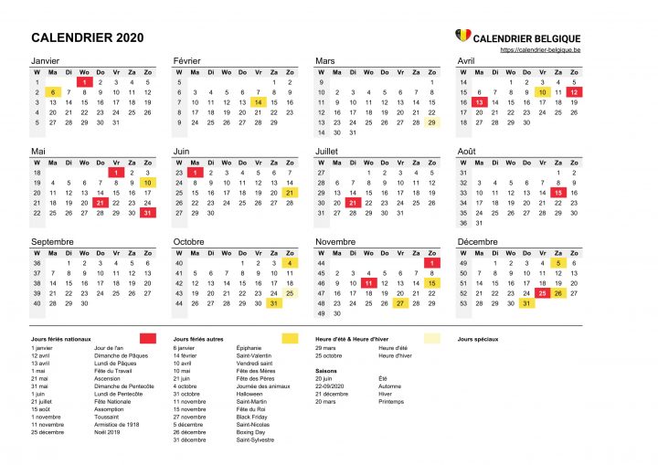 Calendrier 2020 • Calendrier Belgique destiné Calendrier Des Anniversaires À Imprimer