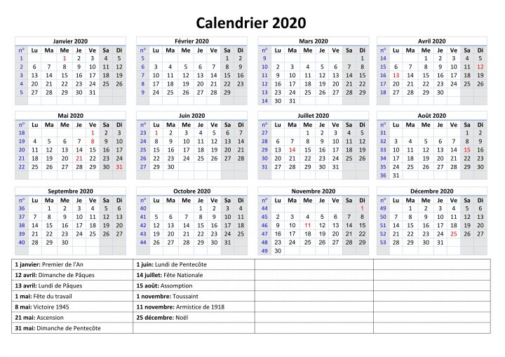 Calendrier 2020 Semaine Vacances Scolaires | Calendrier 2020 intérieur Calendrier 2019 Avec Semaine