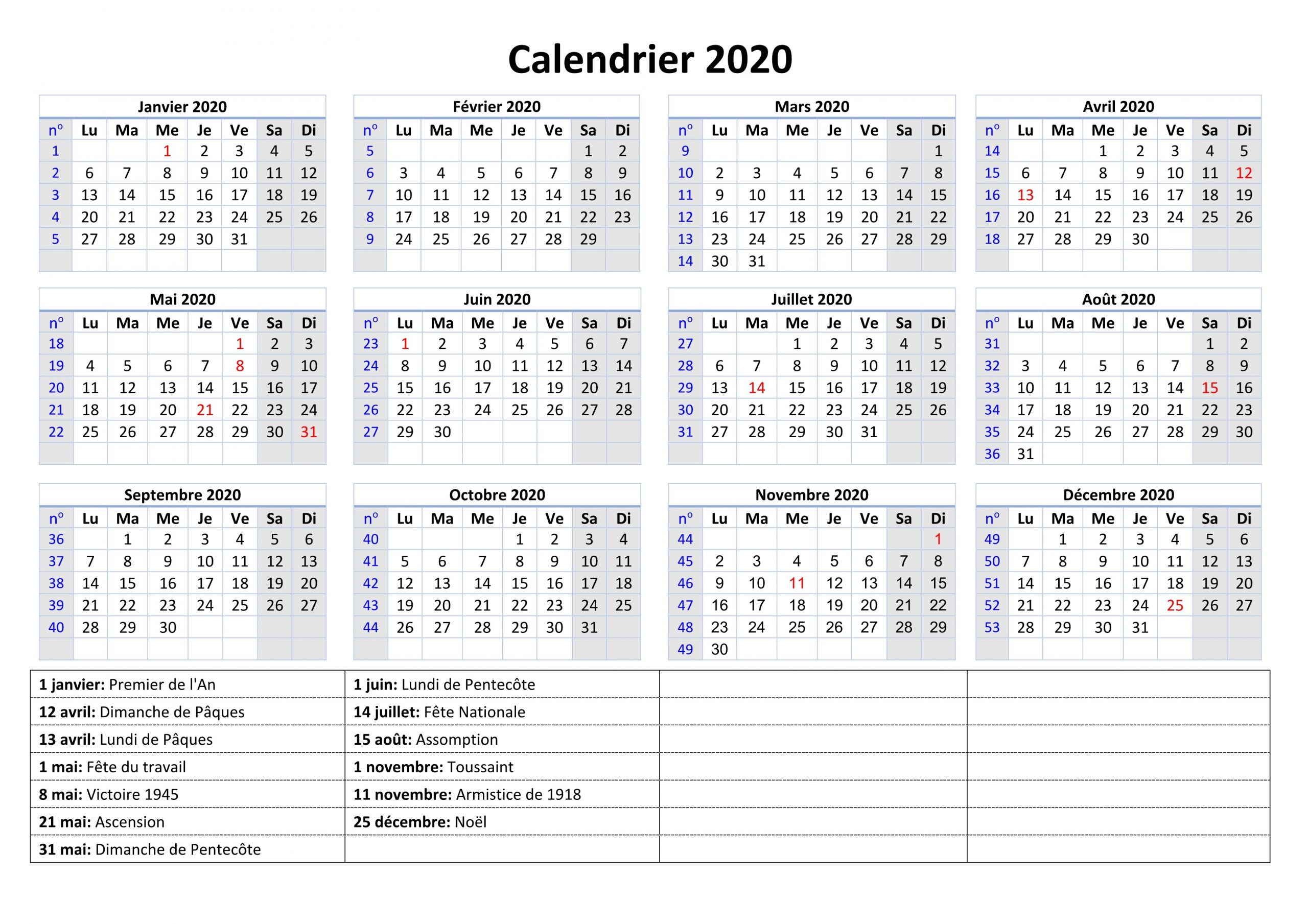 Calendrier 2020 Semaine Vacances Scolaires | Calendrier 2020 intérieur Calendrier 2019 Avec Semaine