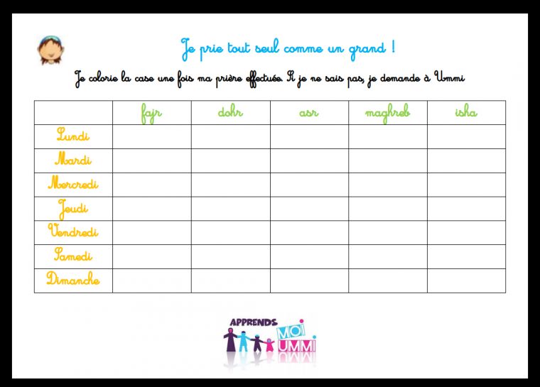 Calendrier Ajustable De Prière Pour Mon Enfant, En Français à Calendrier Enfant Semaine