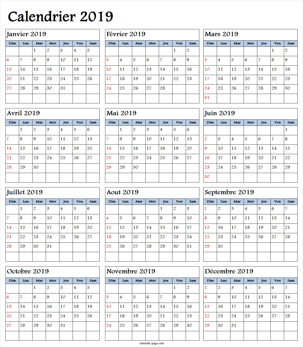 Calendrier Annuel 2019 | Calendrier Annually 2019 À Imprimer dedans Calendrier Annuel 2019 À Imprimer Gratuit 