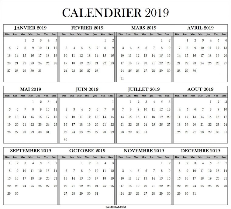 Calendrier Annuel 2019 Gratuit Imprimable | Calendrier Excel à Calendrier Annuel 2018 À Imprimer