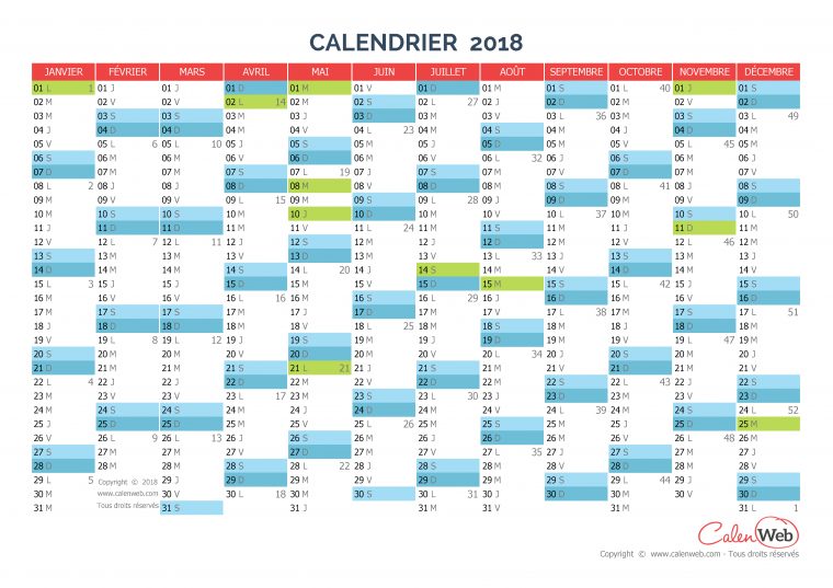 Calendrier Annuel – Année 2018 Avec Jours Fériés – Calenweb pour Planning Annuel 2018