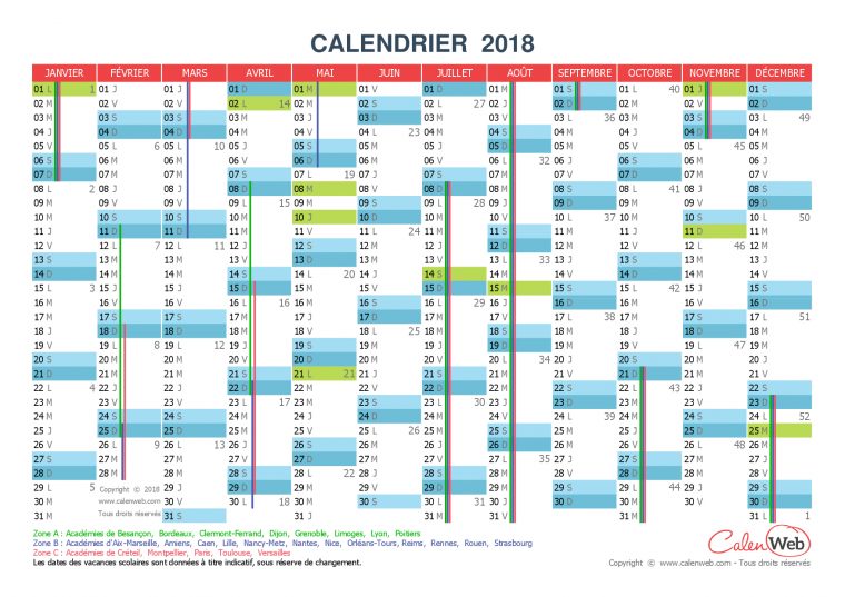 Calendrier Annuel – Année 2018 Avec Jours Fériés Et Vacances concernant Calendrier 2018 À Imprimer Avec Vacances Scolaires