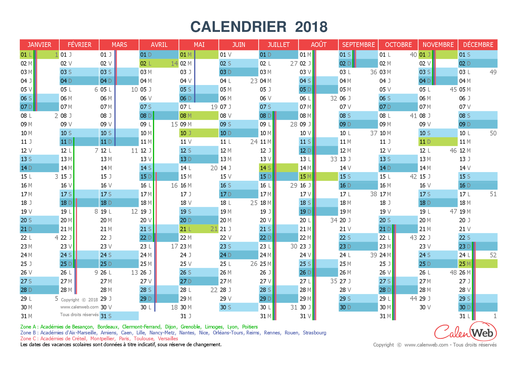 Calendrier Annuel - Année 2018 Avec Jours Fériés Et Vacances concernant Calendrier 2018 À Imprimer Avec Vacances Scolaires