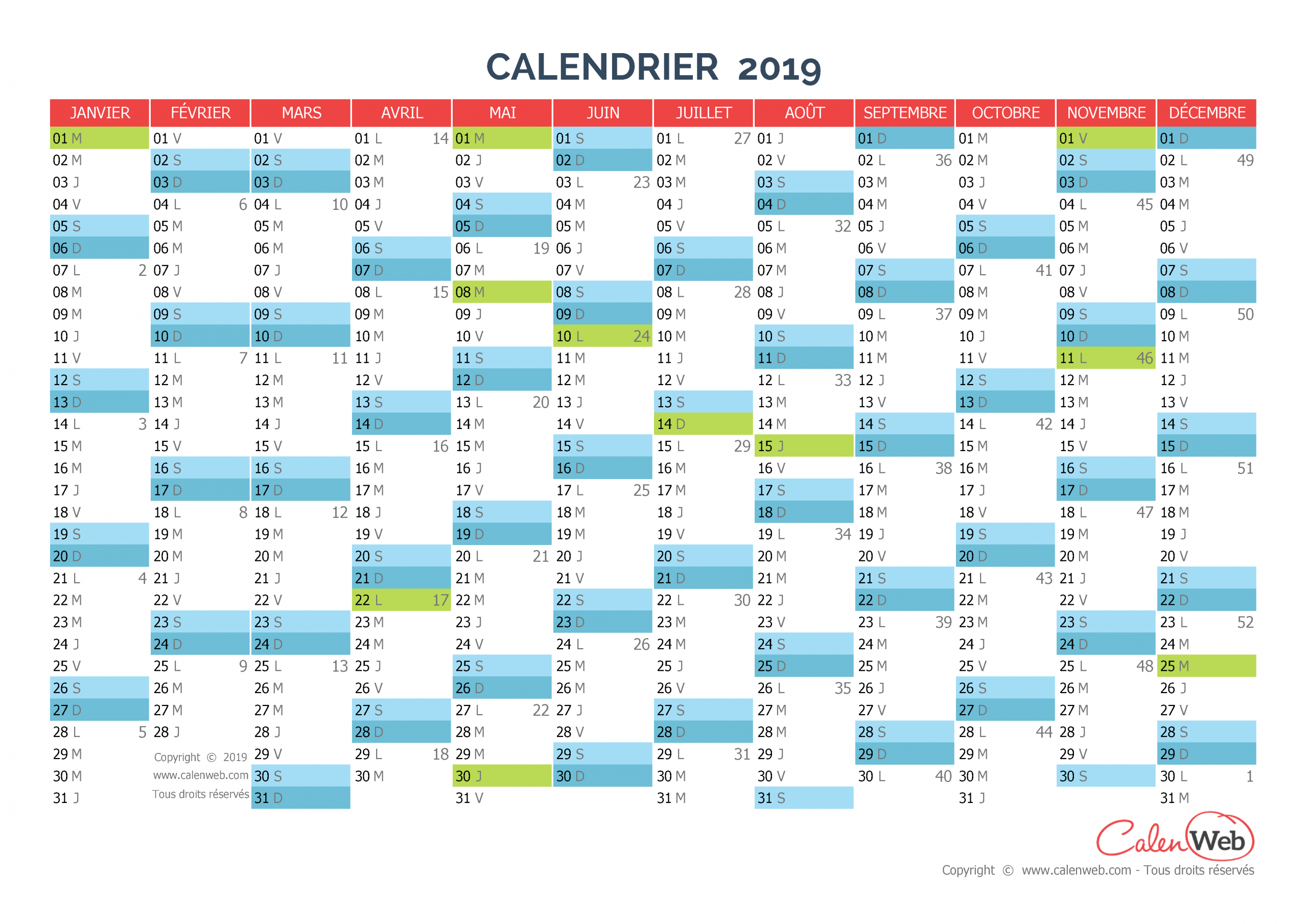 Calendrier Annuel - Année 2019 Avec Jours Fériés - Calenweb avec Calendrier 2018 Avec Jours Fériés Vacances Scolaires À Imprimer
