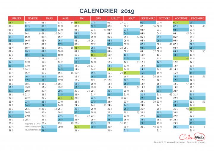 Calendrier Annuel – Année 2019 Avec Jours Fériés – Calenweb dedans Calendrier 2019 Avec Semaine