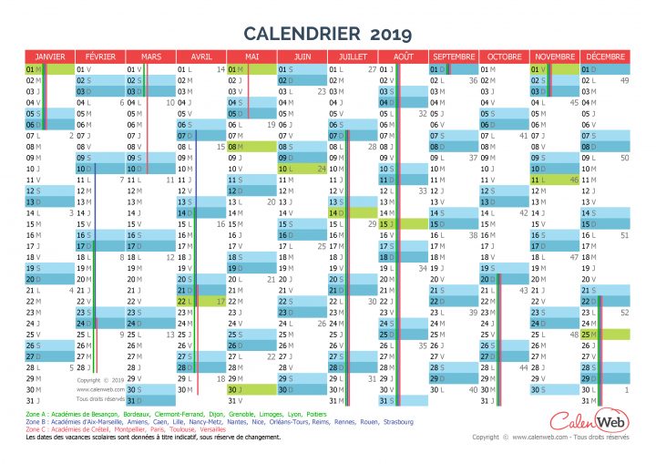 Calendrier Annuel – Année 2019 Avec Jours Fériés Et Vacances intérieur Calendrier Annuel 2019 À Imprimer Gratuit