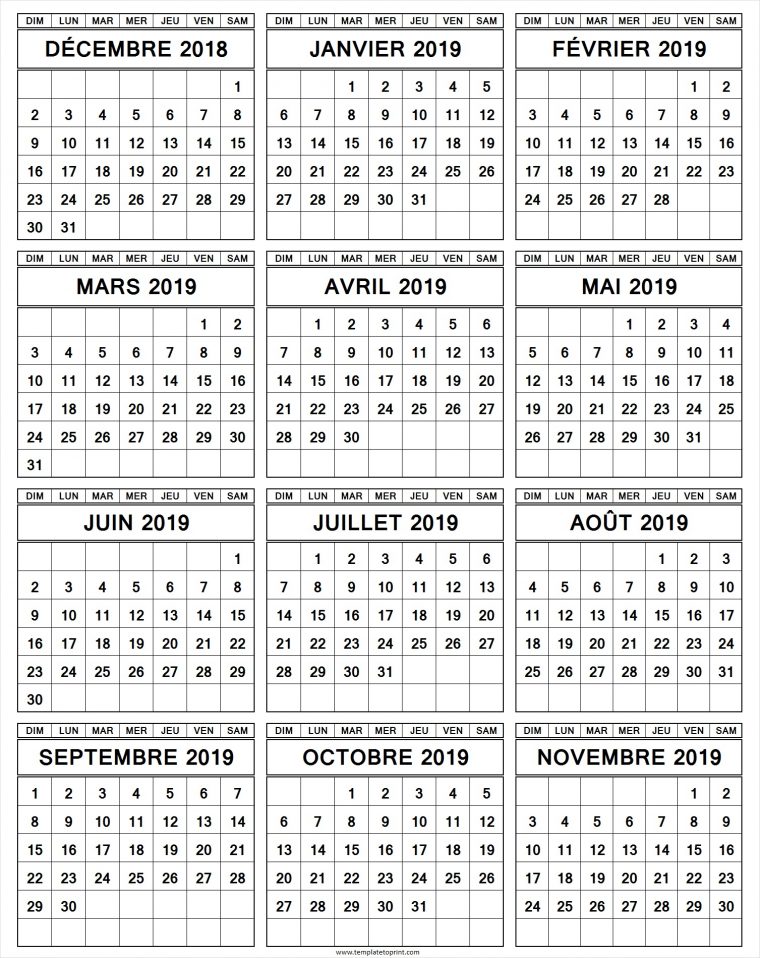 Calendrier Annuel Decembre 2018 A Novembre 2019 Imprimer destiné Calendrier Annuel 2018 À Imprimer