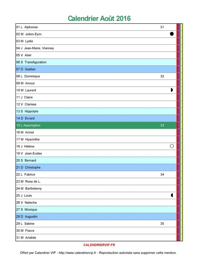 Calendrier Août 2016 À Imprimer Gratuit En Pdf Et Excel concernant Calendrier 2017 En Ligne