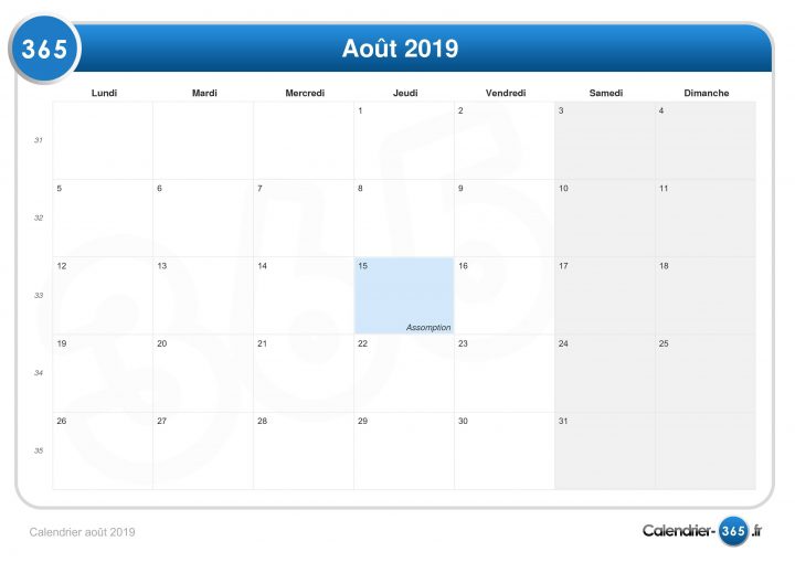 Calendrier Août 2019 serapportantà Calendrier 2019 Avec Semaine