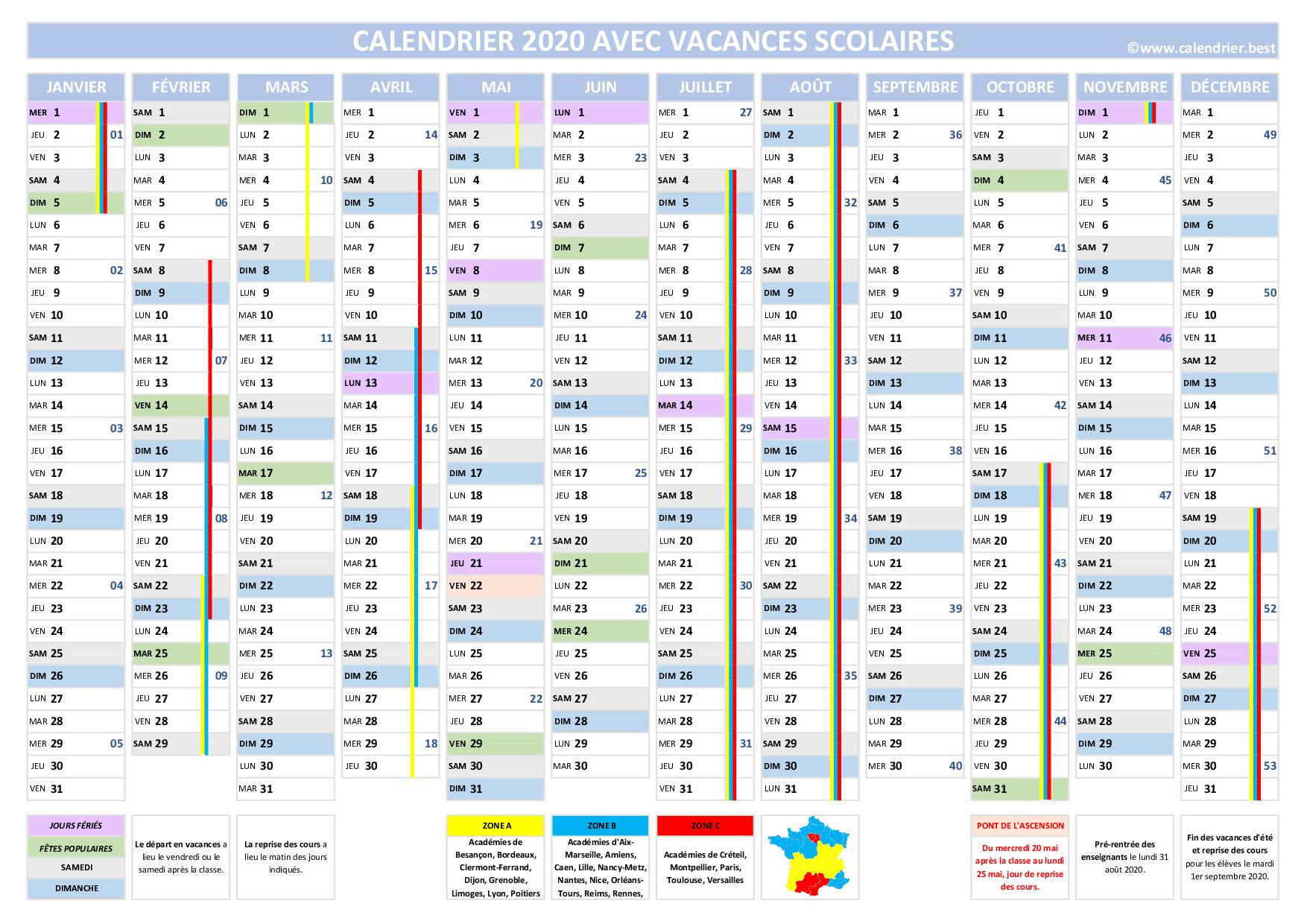 Calendrier.best : Calendriers 2020 À Imprimer Gratuitement tout Calendrier 2019 Avec Jours Fériés Vacances Scolaires À Imprimer 