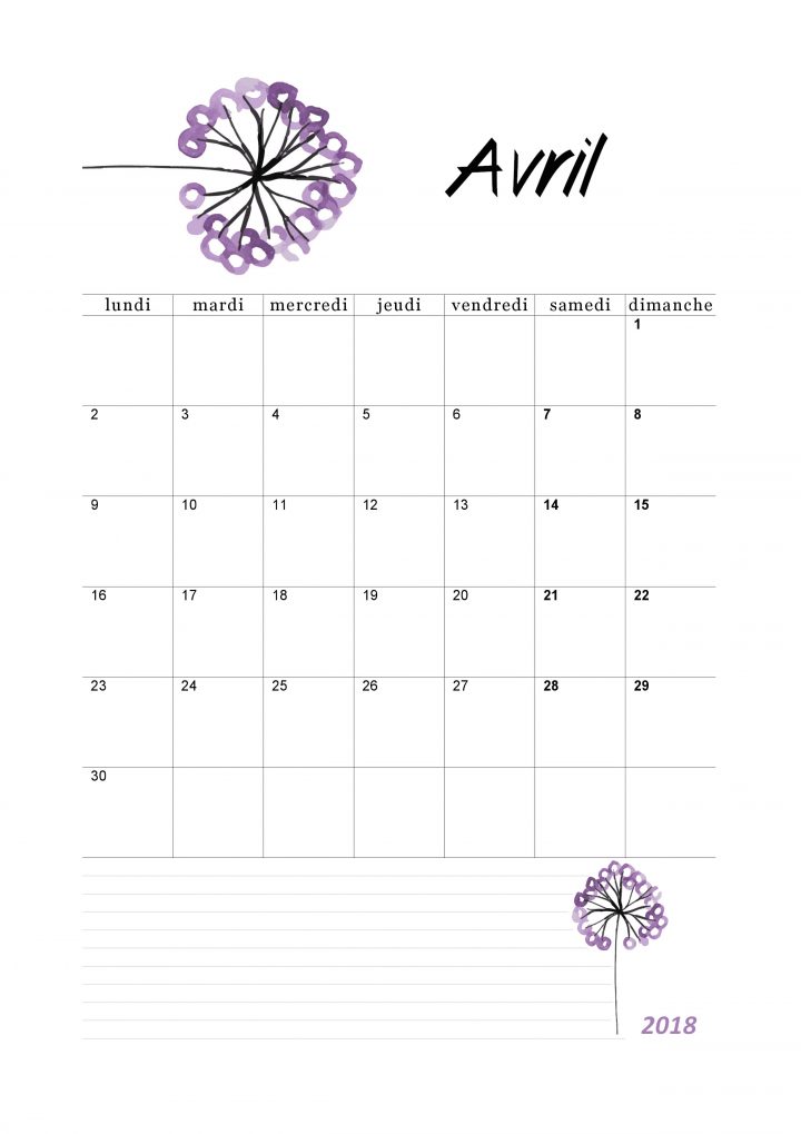 Calendrier D'avril 2018 Avec Des Fleurs. | Calendrier Avril avec Calendrier 2018 Imprimable Gratuit